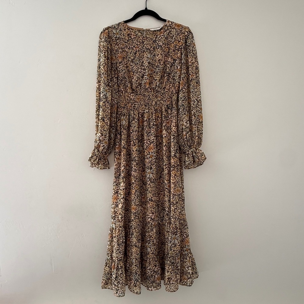 Lush Mustard Cream Floral Smocked Waist Midi Dress Long Sleeve Medium Desert